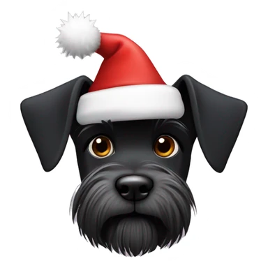 Black miniature schnauzer with spiky hair wearing a Santa hat sticker