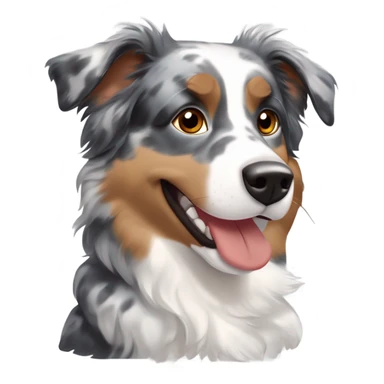 Blue merle Australian Shepherd with mostly gray and black fur, tan accents on cheeks, eyebrows, and legs, minimal white on the face and chest, bright brown eyes, black-tipped fluffy ears, big happy smile, and a red collar with tags. sticker