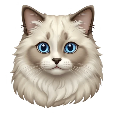 Cinematic-Fluffy-Seal-Ragdoll-Cat-Portrait-Emoji – Head tilted cutely with big, sparkling blue eyes, soft brown-and-white fur with darker seal points on the ears, face, and paws, simplified yet irresistibly adorable features, highly detailed, glowing with a soft and warm charm. sticker