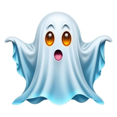 A hilariously exaggerated floating sheet ghost, its simple yet expressive form billowing with animated energy in vibrant whites and pale blues, with two wide, comically shocked eyes and a quirky, startled mouth, simplified yet overflowing with personality, highly detailed with a soft neon-like glowing outline, capturing the playful absurdity of a ghost caught off guard! sticker