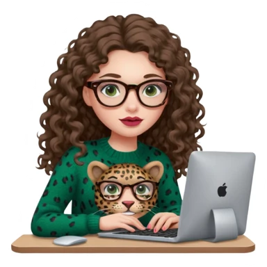 a european white young woman with long wavy/curly brown hair typing in a computer, she's using dark brown leopard glasses and knit green sweate, her lips are light red and her cheeks slightly pink sticker