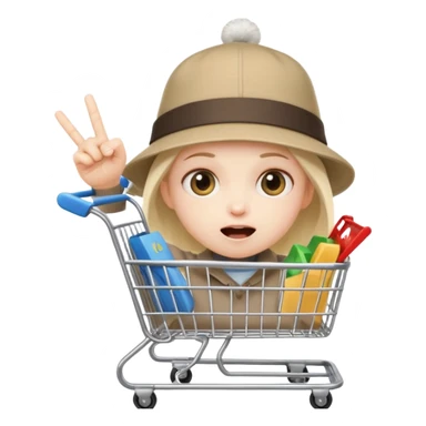 impulsive shopper: tiny face with excited eyes, finger on ‘buy’ button, small fast shopping cart with motion lines sticker