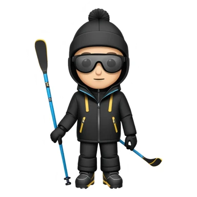 Homme habillé en noir avec une cagoule et des lunettes de ski ,il a une capuche  sticker