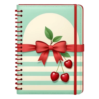 Cute vintage notebook cover, mint and cream vertical stripes, red spine
Hand-drawn cherries with leopard bow, playful feminine aesthetic
Flat illustration, clean composition, soft retro color palette sticker