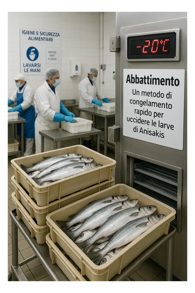 a fish processing facility where freshly caught fish are placed on trays and moved into a large industrial freezer. A temperature gauge shows -20°C, and an educational label explains that rapid freezing (abbattimento) is used to kill Anisakis larvae. The background includes workers in protective clothing and clear signage about food safety. in italiano sticker