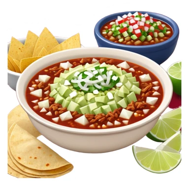 A delicious hot bowl of pozole rojo with the sides next to the bowl: chopped onions, shredded cabbage, lime wedges, red chile de arbol salsa, and full round tostadas sticker