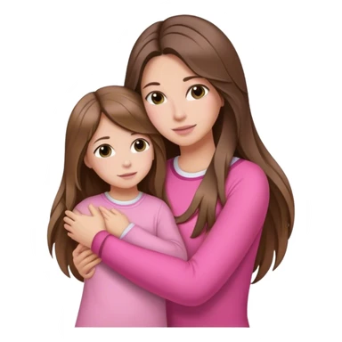 Mom with long balayage beautiful hair and daughter Children with long brown hair hugging Clothes pink sticker