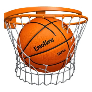 Simple orange basketball with NBA logo caught in basketball net from below perspective, iOS emoji style sticker