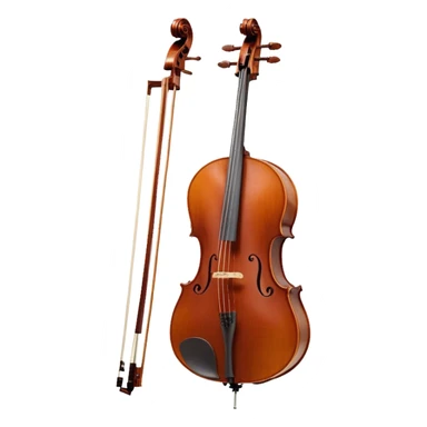 Create an elegant and refined emoji representing a Cremona 4/3F 4/4 cello with bow. The design should feature the distinctive, finely crafted body of the cello, highlighting its rich wooden finish and gracefully curved shape. The bow should be included, with visible horsehair and a polished wooden stick. Add subtle details like tuning pegs and strings to emphasize the precision and craftsmanship of the instrument. Use warm wood tones, deep brown, and soft metallic accents to reflect the high quality of the Cremona cello. The background should be transparent. sticker