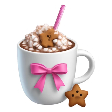 hot coco in a mug with small gingerbreads and a pink straw with a white bow tied around the straw sticker