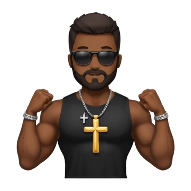 man with dark hair and beard, sunglasses, black t-shirt, and cross necklace, flexing his muscles, outside sticker