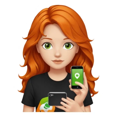 Girl with dark long orange wavy hair, green eyes, and black t-shirt and phone with app on hand sticker