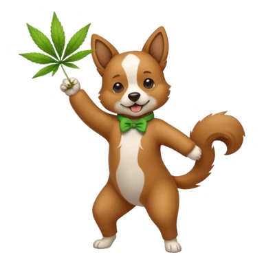 A dog with a piece of weed in his mouth standing on two legs hitting the dab sticker