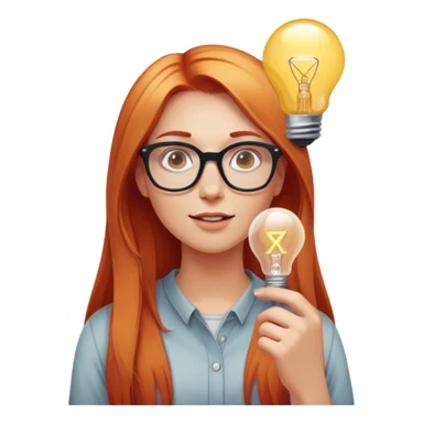 intelligent and clever, 30 year old, girl, long red and almost blond hair, glasses, has an brillant idea, light bulb over the head, casual cloth  sticker
