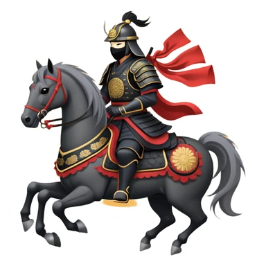 clash-of-clans-aesthetic_-cinematic-fearsome-and-majestic-samurai-bust-portrait-emoji, rendered in a flat, vector-style with minimal shading and bold, simplified shapes typical of emoji art, depicting a battle-hardened samurai with black mask and traditional black Japanese armor. The samurai is riding a noble grey warhorse adorned with an intricately designed saddle and fluttering banners and a rising sun. a samurai on a   horse sticker