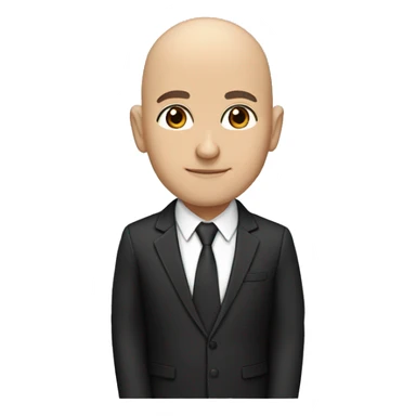 light skinned bald teacher with brown eyes wearing a black suit and a tan tie with a geometric pattern. teacher also wearing headphones and no glasses sticker