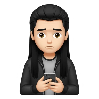 a PRETTY BRATZ boy with black long hair , using his phone and looking sad sticker