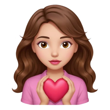 girl with long wavy brown hair, brown eyes, light to medium complexion, in a pink shirt, pink lips, long lashes, squeezing a big heart sticker