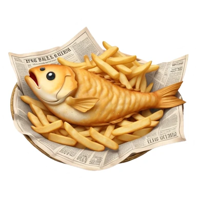 Cinematic Realistic Fish and Chips Dish Emoji, depicted with crispy golden battered fish and chunky hand‚Äêcut chips served in traditional newspaper wrapping, rendered with mouth‚Äêwatering texture and warm natural lighting that captures its quintessential British charm. sticker
