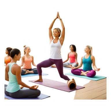 A person moves through a gentle yoga pose in the morning sun, one hand reaching up, the other near a plate of vibrant whole foods and a bottle of water. A cozy bed sits behind them, glowing softly. Nearby, a small group of friends laughs together under a tree—health, movement, nourishment, rest,  sticker