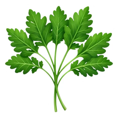 single fresh parsley leaf, bright green, detailed serrated edges, delicate natural curves, slight gloss on surface, fine central vein structure, gently branching lobes, no stem bunch, no background, soft lighting, subtle shadows, emoji scale sticker