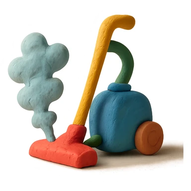 vacuum cleaner with dust cloud in claymation style with matte finish and soft lighting sticker