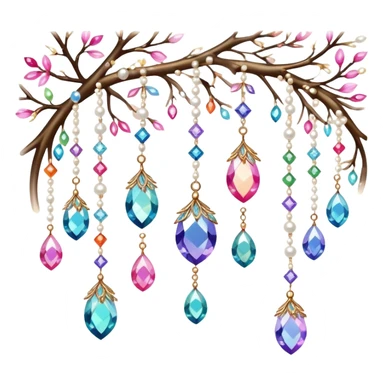 Exotic colorful romantic Few cute tiny Iridescent glistening glossy sparkly shiny glittery hanging crystals pearls and beads and gemstones scenery scenic decorations with branches and flowers sticker