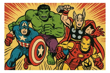 Marvel superhero team, action scene, vibrant colors, comic book illustration sticker