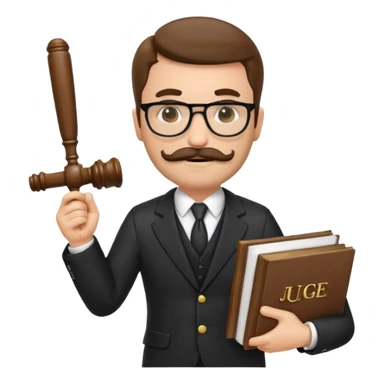 “Create a clean, modern emoji-style illustration of a male lawyer. He is wearing a formal suit jacket. He is holding a judge’s gavel (QUE SE VE DE COSTADO) in one hand and has a law book tucked under his arm. He has a mustache and beard!!, and GLASSES sticker