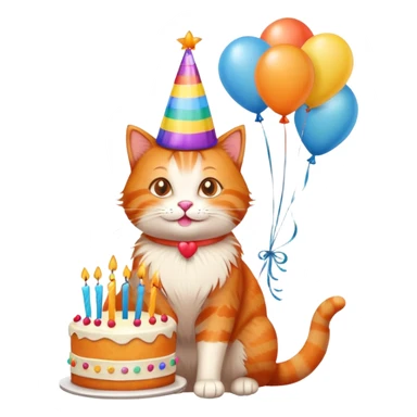 Ginger cat celebrates birthday, birthday hat, birthday cake, balloons, happy sticker
