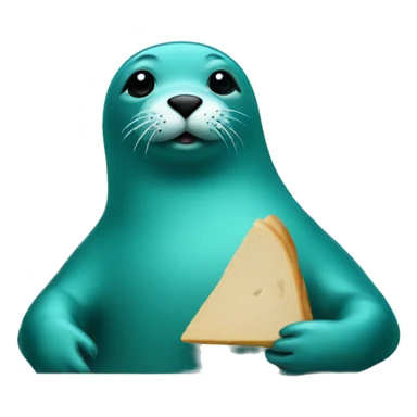 teal-coloured seal sitting behind a table with a sandwich sticker