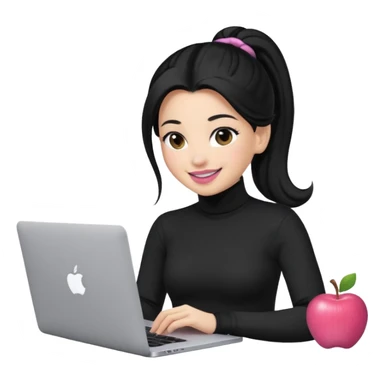 a woman with long sleeve turtle neck top and smile, her hair is long black pony tail, her eyes color are black and the color of her lip is soft pink with apple notebook (macbook). her jab is digital designer. sticker