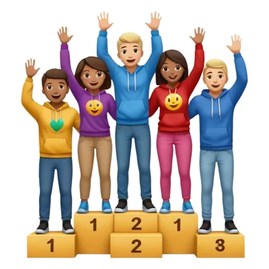 multi-racial group on a brown winners’ podium, middle step higher, no numbers, all in colorful jeans, t-shirts, and hoodies, excited, fun, expressive emoji style sticker