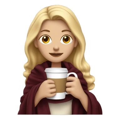 Blonde white lady in a dark burgundy blanket sipping coffe sticker