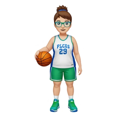 Full Body plus size white female basketball player with short medium brown hair with carmel highlights spike hair wearing blue glasses 
 wide nose wearing blue green uniform  green sneakers smiling  sticker
