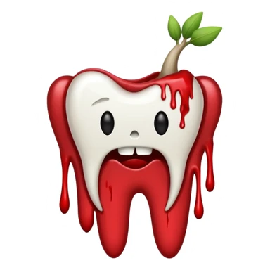Minimalist emoji-style sticker of a pulled tooth with roots and a smear of blood at the base. Black and desaturated red colors. Flat, clean outline on white.
 sticker