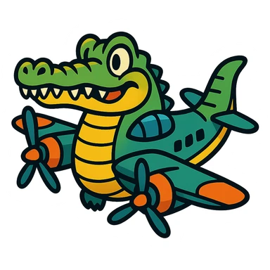 cartoon crocodile merged with a classic bomber airplane, with propellers and wings sticker