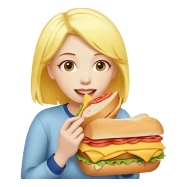 A woman with yellow hair and yellow skin eating a HUGE sandwich sticker
