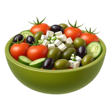 mediterranean salad bowl object icon, tomatoes, cucumbers, olives, feta cheese, olive oil dressing, 3D cartoon, mobile game icon style, clean background, no text, no watermark
 sticker