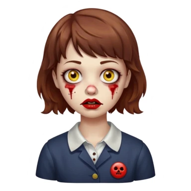 FAÇA UMA PERSONAGEM FOFA COM NARIZ DE BOLINHA AVERMELHADO CLARO E ZUMBI CABELO MARRON ONDULADO E FRANJA CURTA   COMO SE NÃO SOUBESSE OQ FEZ LÁBIOS CLAROS FECHADOS E OLHOS AMARELOS sticker