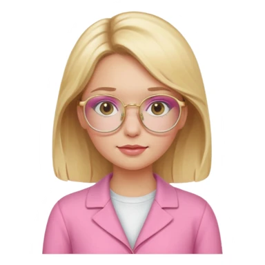 Make a blonde girl, with flushed cheeks, wearing a pink outfit, with golden-style prescription glasses sticker