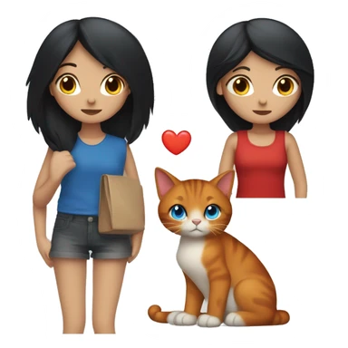 a girl with long, straight black hair and blue eyes with a red cat sticker