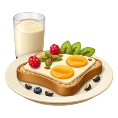 Vegetarian breakfast emoji illustration, flat iOS emoji style, toast, fruits, oatmeal, nuts, milk, no eggs, no meat, no fish, no non-vegetarian food, clean white background.” sticker