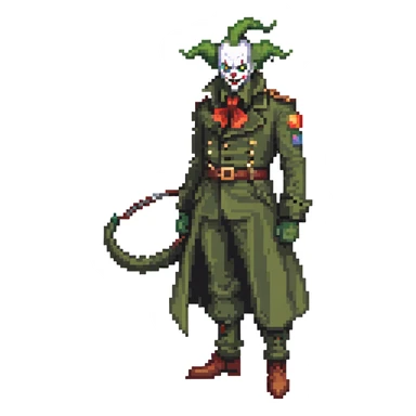 evil clown soldier, bald, small black horns on forehead, fangs, pointed ears, eye patch over one eye, long coat over black and military green clothes with bellbottom pants, tail, holding a different style of whip, realistically proportioned, less bulky, full body, fighting stance sticker