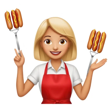 A cheerful woman selling hotdogs, waving a tongs in one hand. sticker