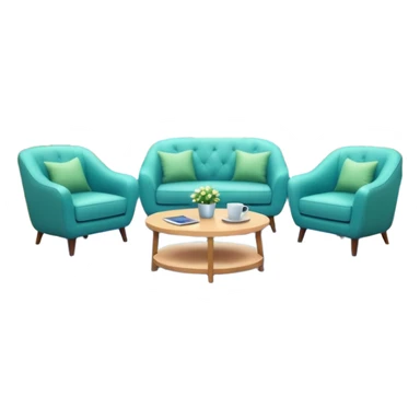 Morning entertainment TV studio, cozy talk show set with armchairs and couch, guests sitting area, round glass coffee table, warm pastel colors, green and blue lighting panels, festive decorations, friendly daytime TV atmosphere, realistic broadcast studio, no branding. sticker
