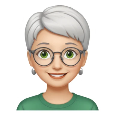 visage femme a lunettes ronde avec cheveux courts gris-blancs aux yeux verts qui souris sticker