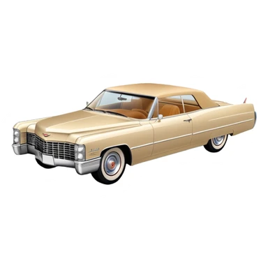 Simple beige 1966 Cadillac DeVille with minimal details, clean lines, streamlined 30-degree view, reduced to essential elements only, Once Upon a Hollywood car, iOS emoji style sticker