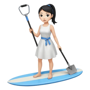 Princess who wearing white dress (woman) black ponytail hair holding her cellphone and  one garden iron shovel with another hand. there is one blue surfing board under her feet. She is looking at her phone. sticker