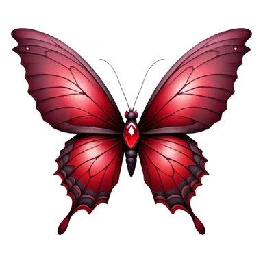 A breathtaking Gothic butterfly with wings adorned in a mesmerizing gradient of ruby, scarlet, burgundy, Venetian, and rustic red takes flight in the foreground. Behind it, dark and weathered crosses stand shrouded in crimson mist, creating a haunting yet beautiful contrast. sticker